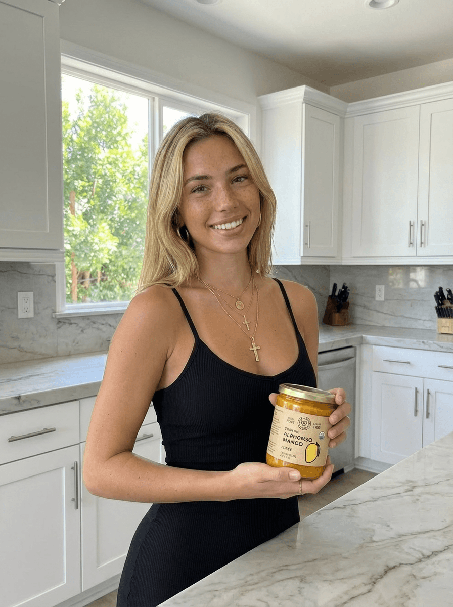 create a great photo of my influencer @Sarah and she is holding the mango @mangoProduct