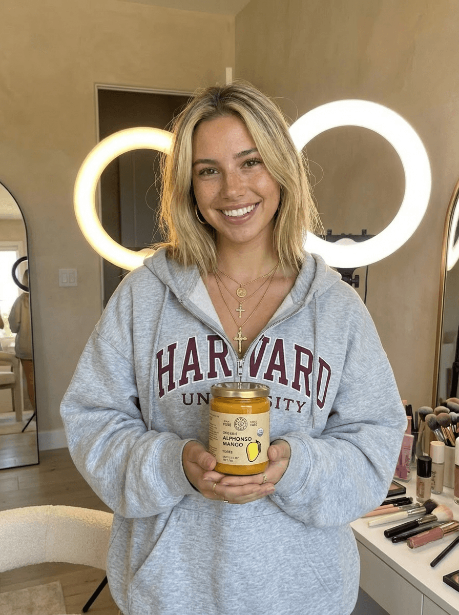 create a great photo of my influencer @Sarah and she is holding the mango @mangoProduct . she is doing an influencer video get ready with me. ring light in the background. she's wearing a large HARVARD university hoodie