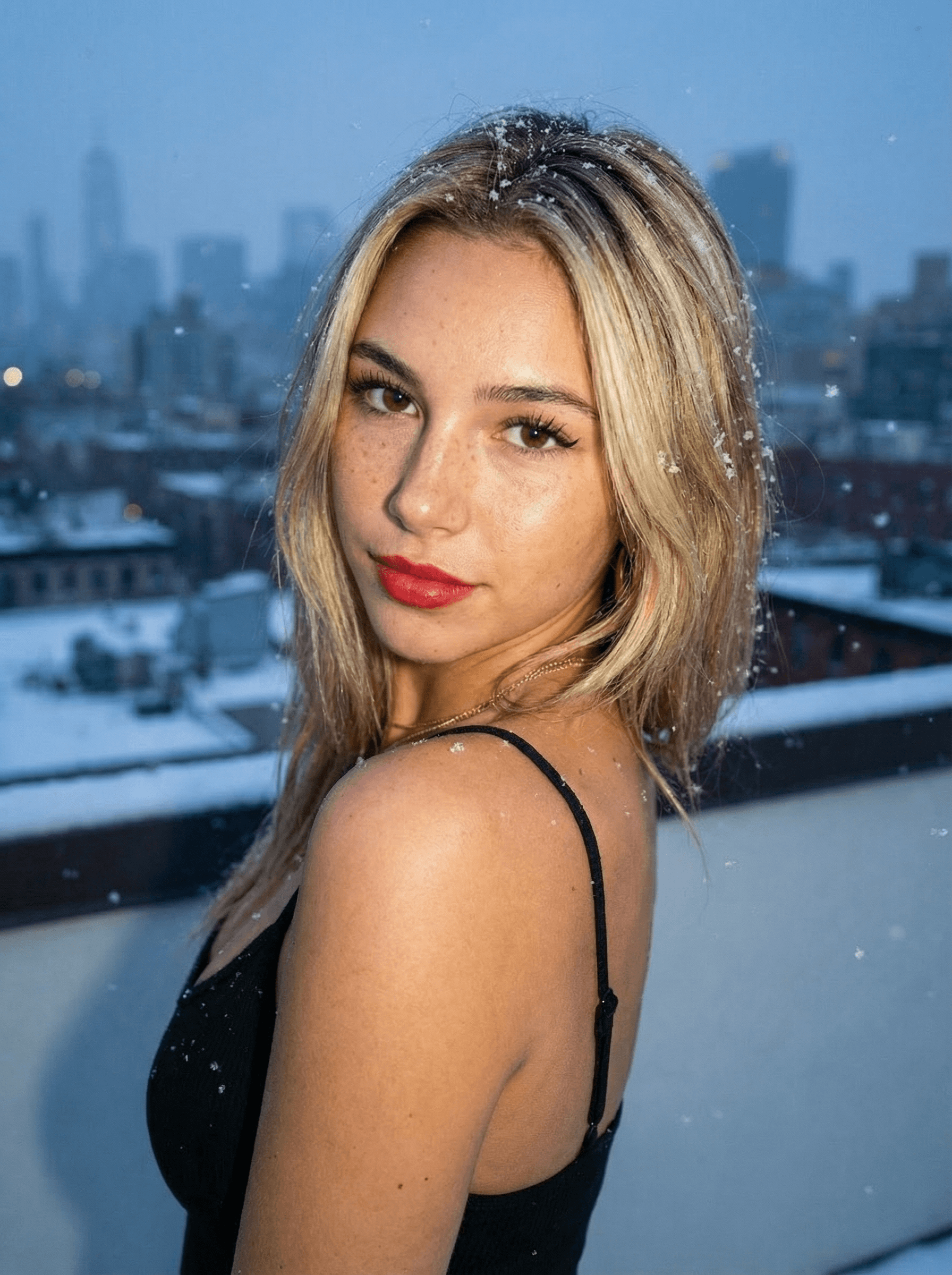 create a great photo of my influencer @Sarah and she is in a sundress on top of a rooftop with the city overlooking the view and its snowing in the background. close up shot she is looking at us with puppy eyes. There is slight snow fall in her hair, she has slight straps on her bra. She has red lipstick on visible and mascara and eyeliner wings on. Flash on the camera, exposure